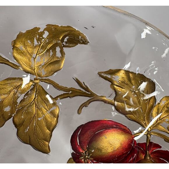 Vintage Glass Intaglio Plate Dish Goofus Glass Ruffled Gold Rim Red Fruit 10.5" - Picture 14 of 16